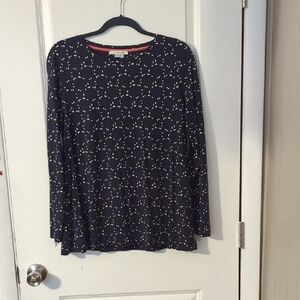 Boden Navy Top with Cream Leaf Pattern